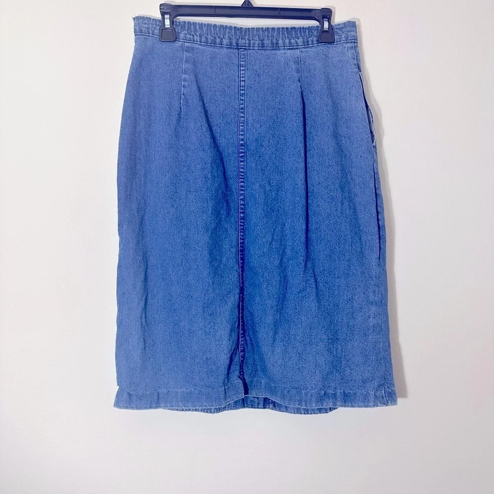 Vintage denim button down high waisted pockets midi skirt size M